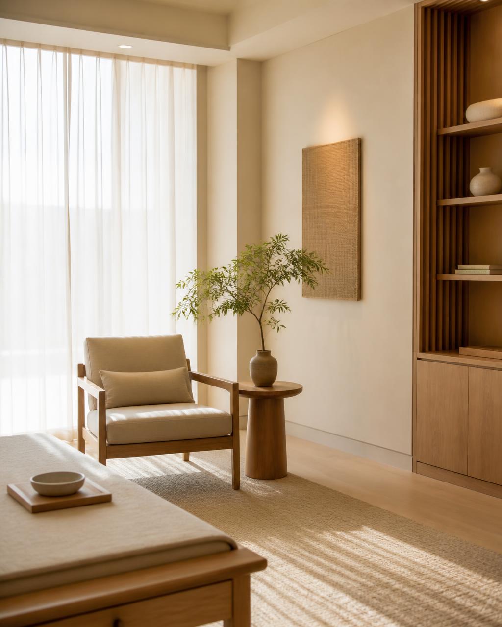 Consultorio de bienestar minimalista con luz natural, madera clara y tonos beige